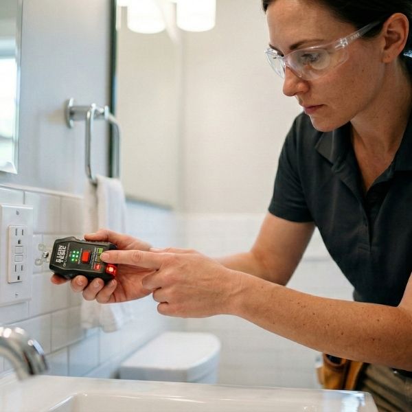 An electrician using a tester to check a GFCI outlet for proper safety function in a bathroom
