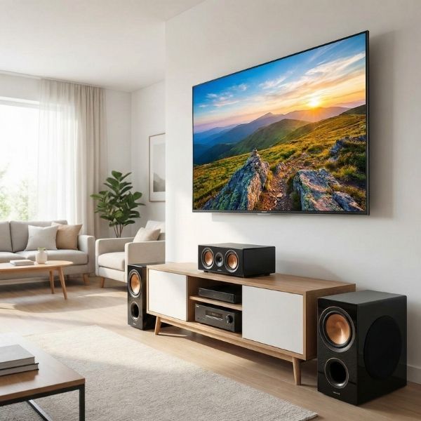 A clean, modern living room featuring a large wall-mounted TV displaying a landscape, representing protected home assets.
