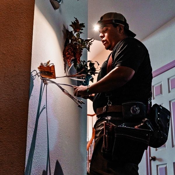 A technician wearing a headlamp working on exposed electrical wires in a wall during a late-night service call.