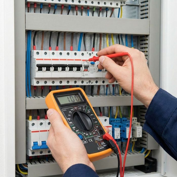 An electrician uses a multimeter to test a circuit breaker in a panel.