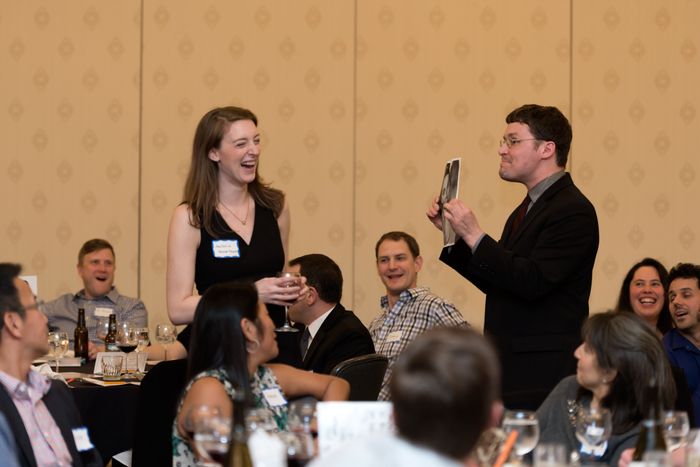 Performer engaging audience at The Dinner Detective show