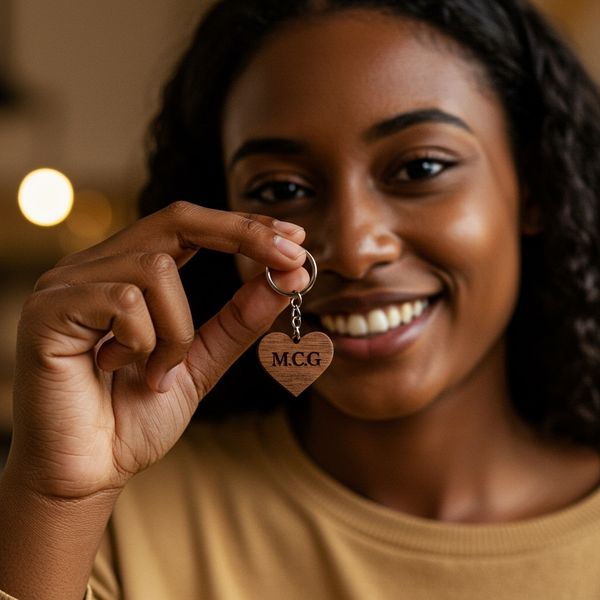 Hand holding a small, heart-shaped engraved wooden keychain gift