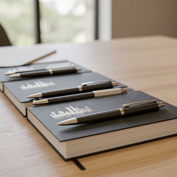 Clean arrangement of matching branded executive pens and notebooks on a desk