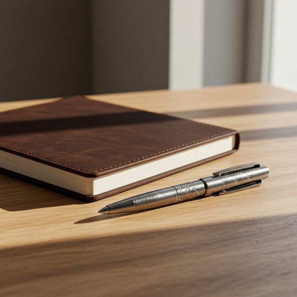 An elegant metal pen with personalized engraving rests on a simple notebook.