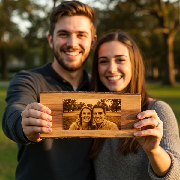 Couple laughing while viewing a laser engraved photo on a wood panel
