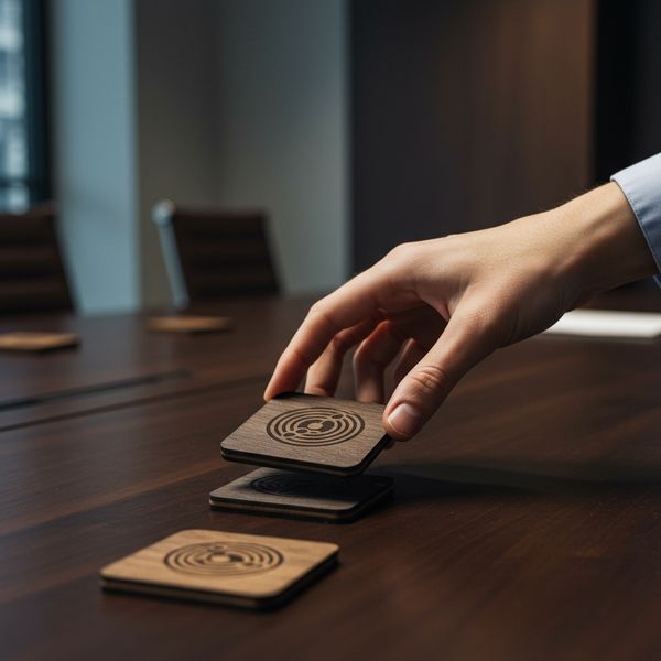 Hand picking up a high-quality, branded wooden coaster from a conference table