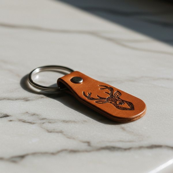 A personalized leather keychain with metal hardware rests on a clean, white marble countertop.