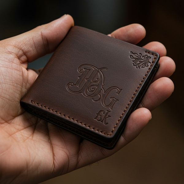 A masculine hand is carefully holding a personalized brown leather wallet.