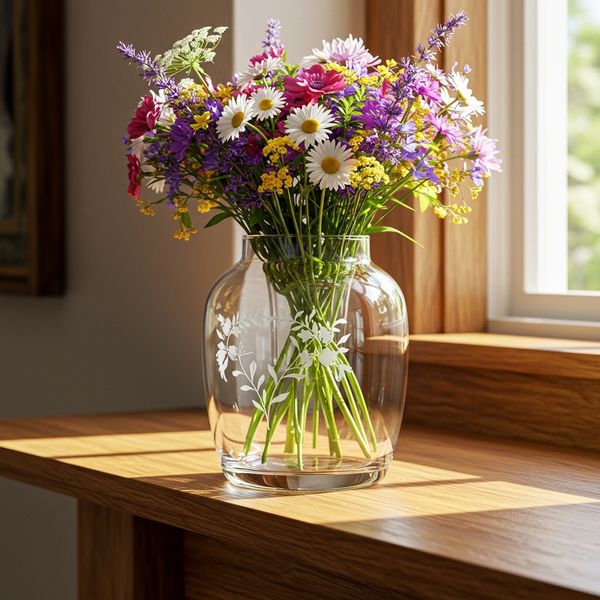 Elegant custom engraved glass vase with flowers on a sunlit mantle