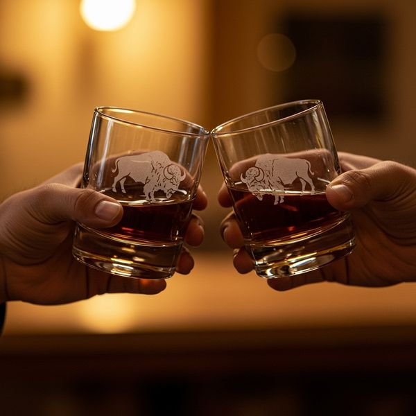 Two hands clink heavy-bottomed whiskey tumblers customized with subtle engraving.