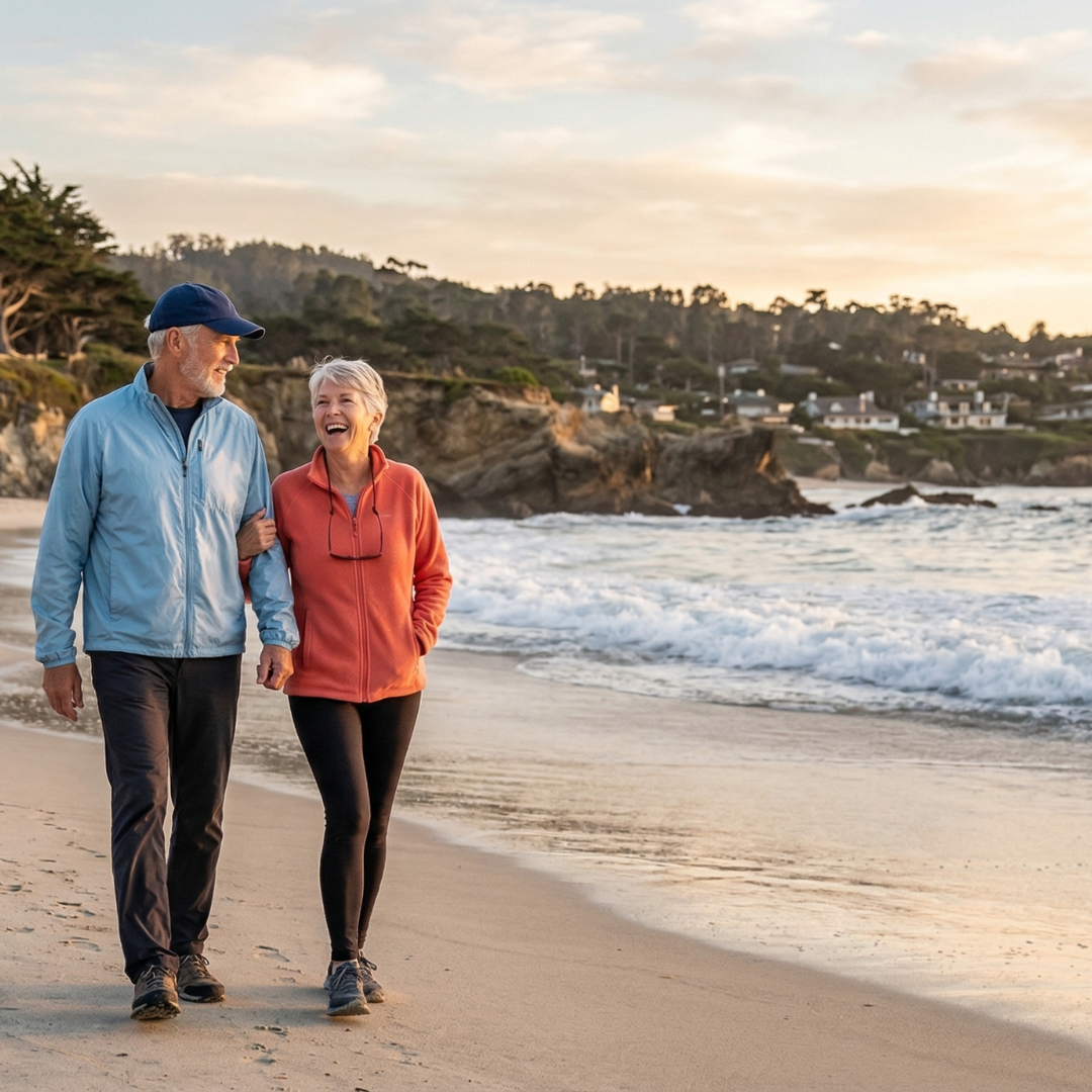 Couple walking Carmel Beach after massage from Healing Home