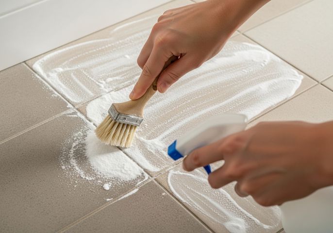 Cleaning Tile Grout with Brush and Spray