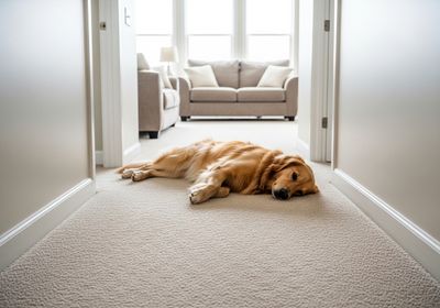 Golden Retriever Resting on Carpet