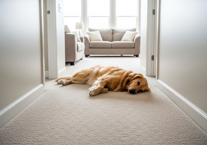 Golden Retriever Resting on Carpet
