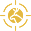 A solid, yellow icon of a deer in the scope of a gun