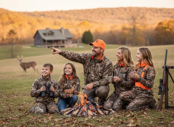 Family in camouflage by campfire pointing at deer