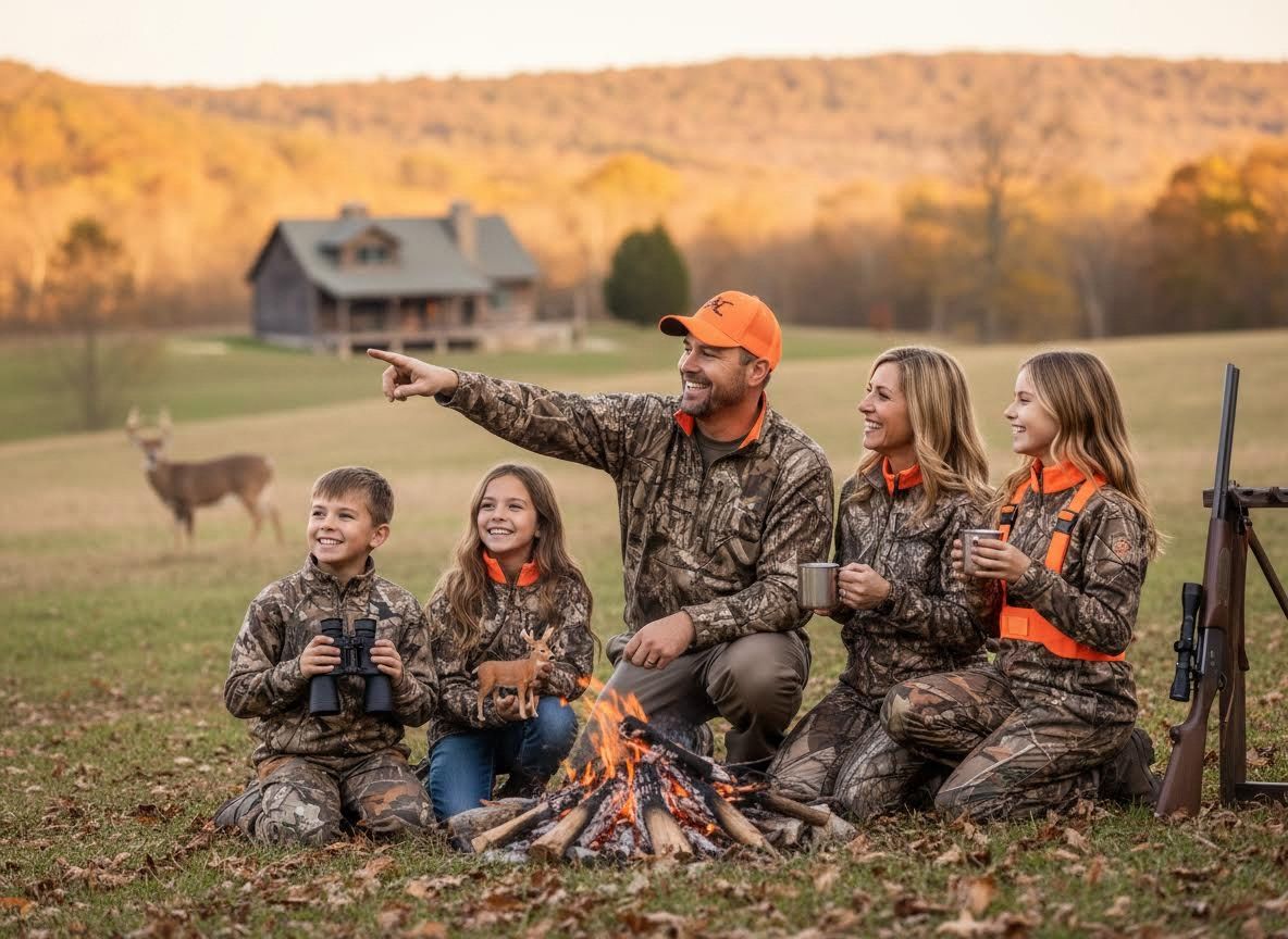 Family in camouflage by campfire pointing at deer