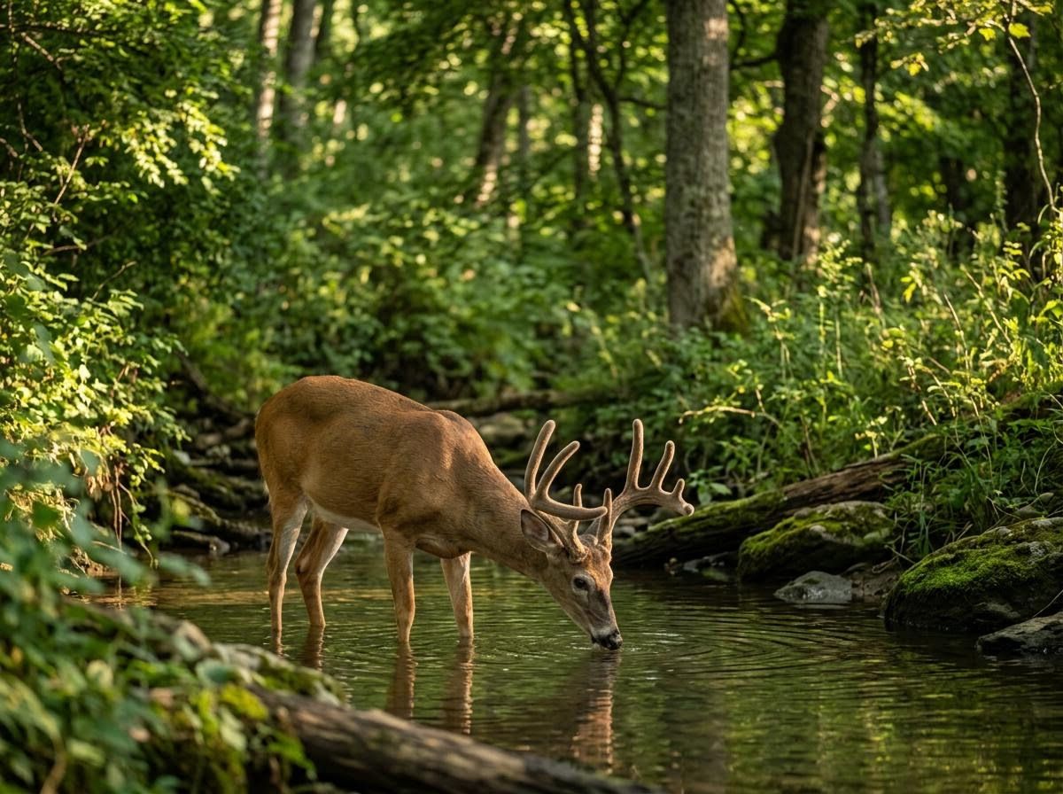 Whitetail Buck Drinking from Forest Stream