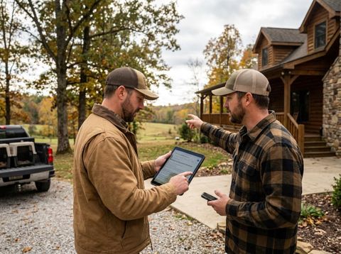 Two men reviewing a tablet and discussing outdoors