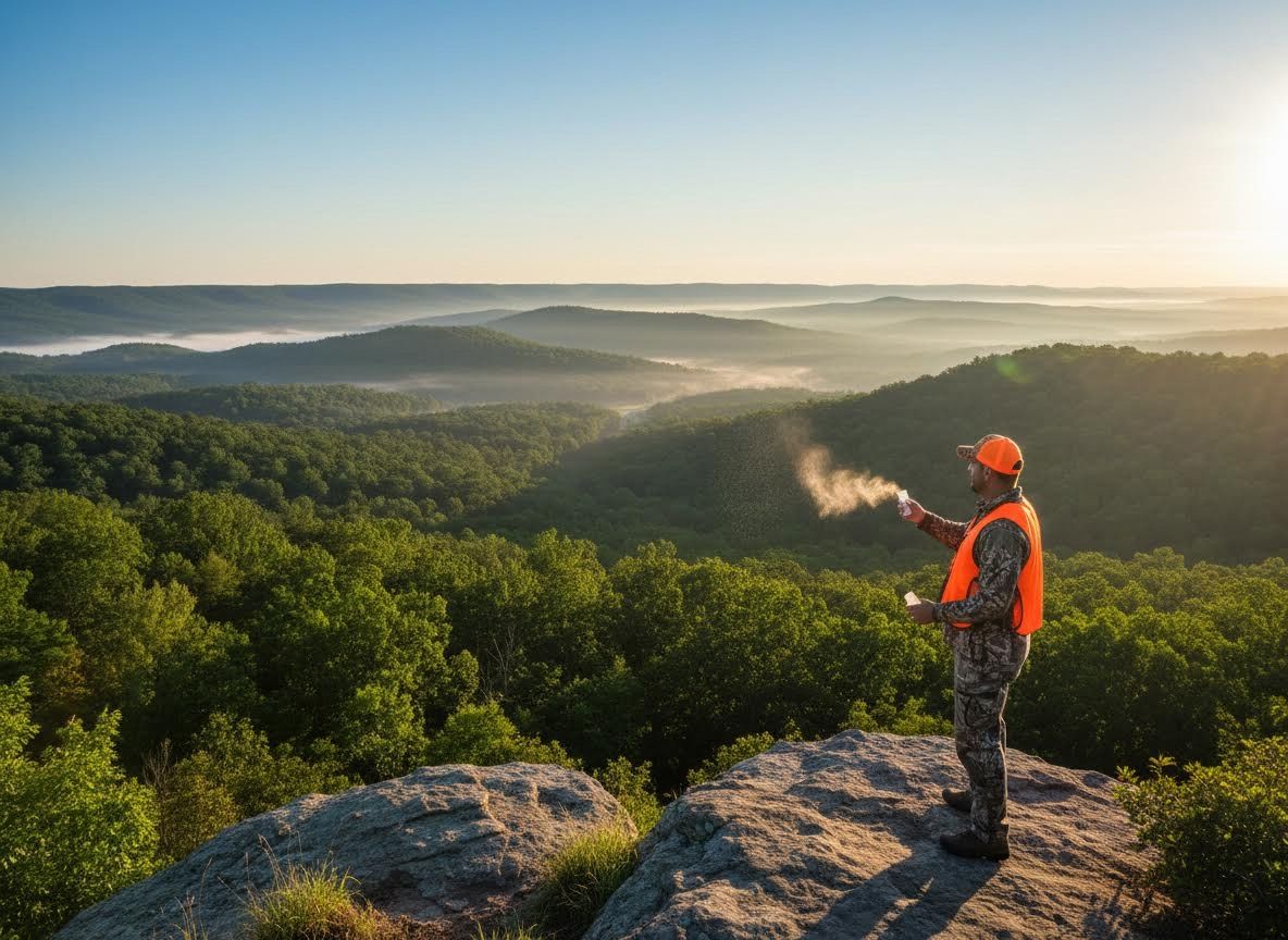 Hunter spraying deer scent on a mountain overlook