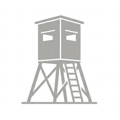 A light grey icon of an elevated deer hunting box