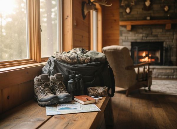 Adventure gear by a window in a rustic cabin