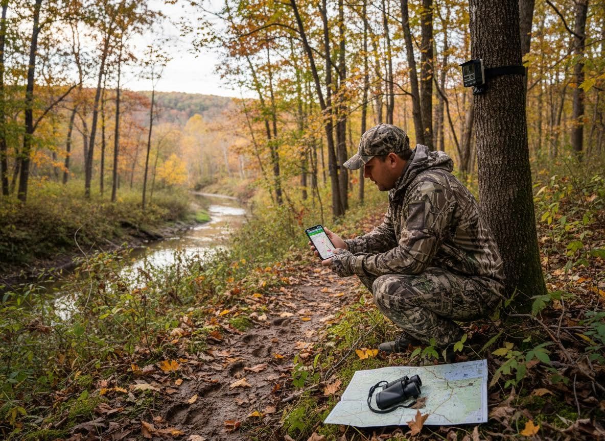 Hunter scouting in autumn forest with smartphone and trail camera