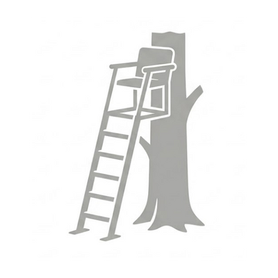 A light grey icon of a deer hunting tree stand
