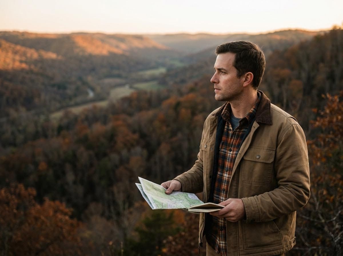Man with map overlooking a scenic autumn valley