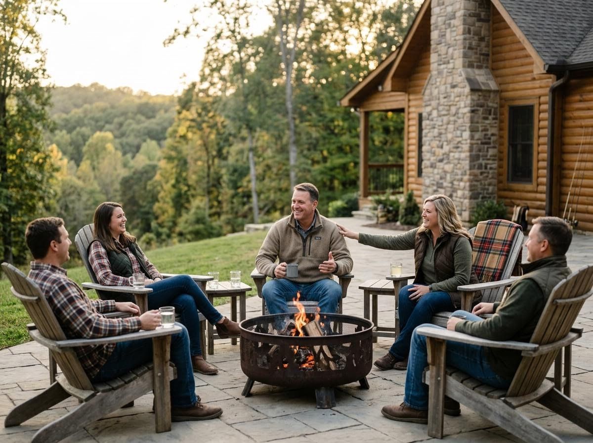 Five adults relaxing around a fire pit outside a log cabin