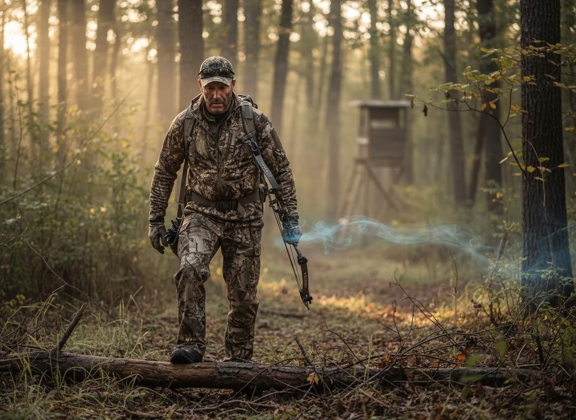 Hunter with Compound Bow in Misty Forest