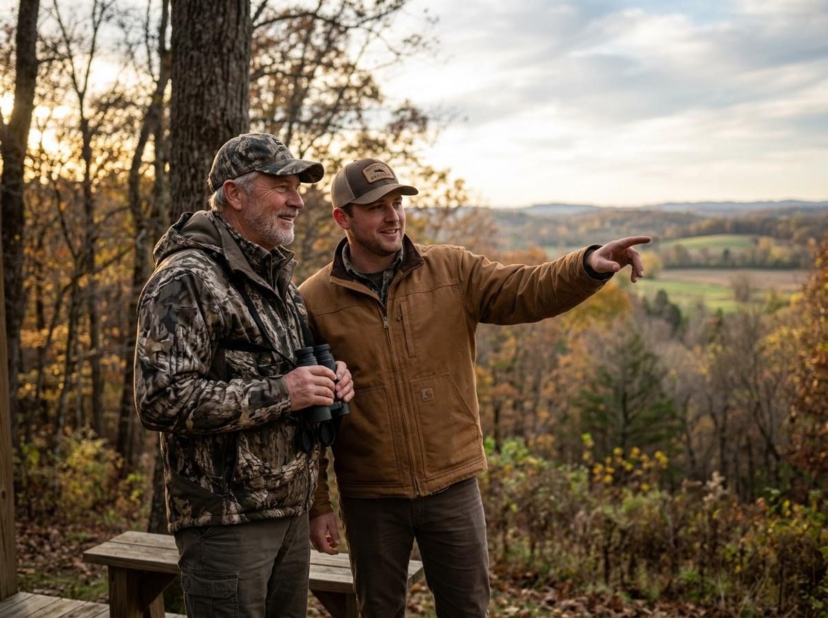 Two men observing a scenic autumn landscape