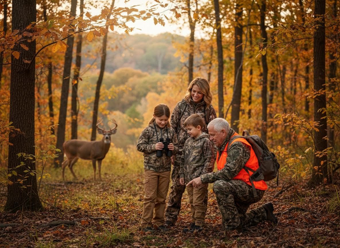 Generations observe deer in autumn forest