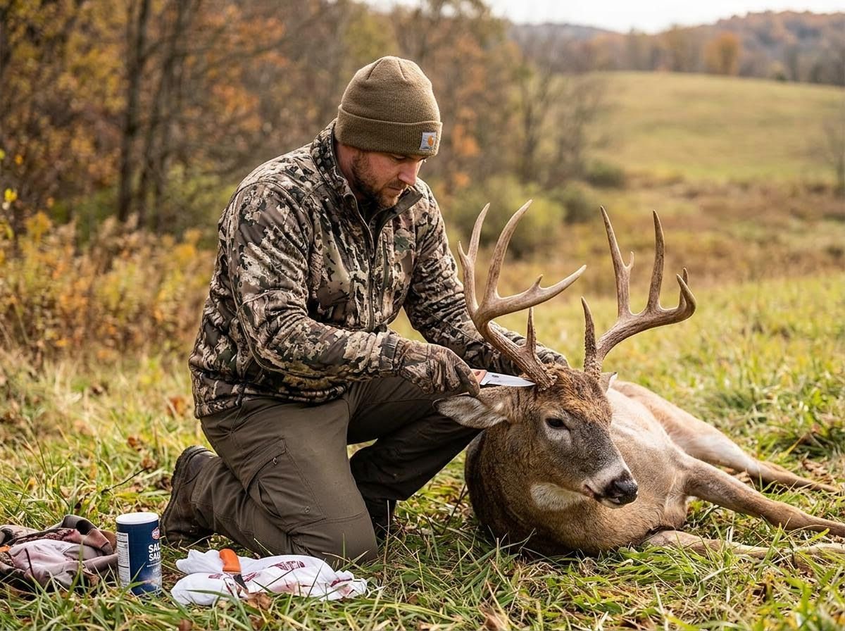Hunter with harvested deer in a field