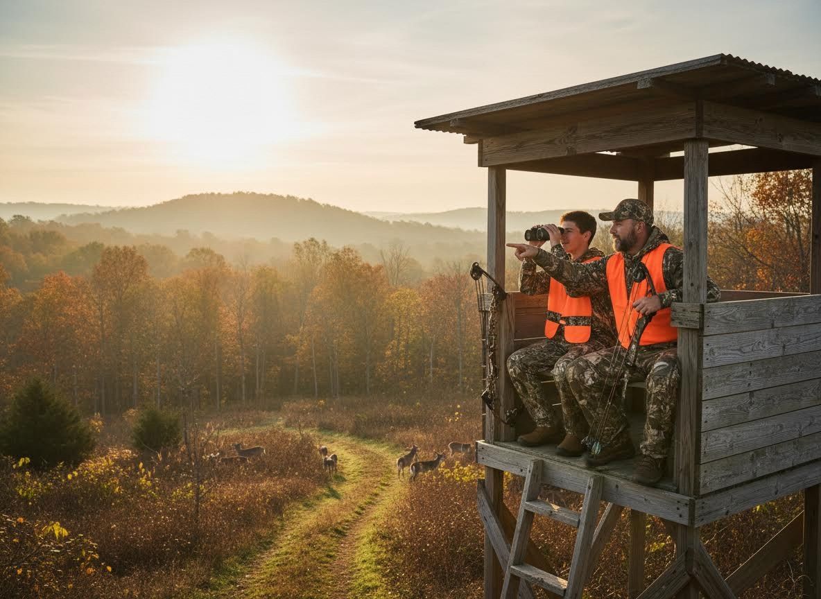 Father and Son Spotting Deer from a Hunting Blind