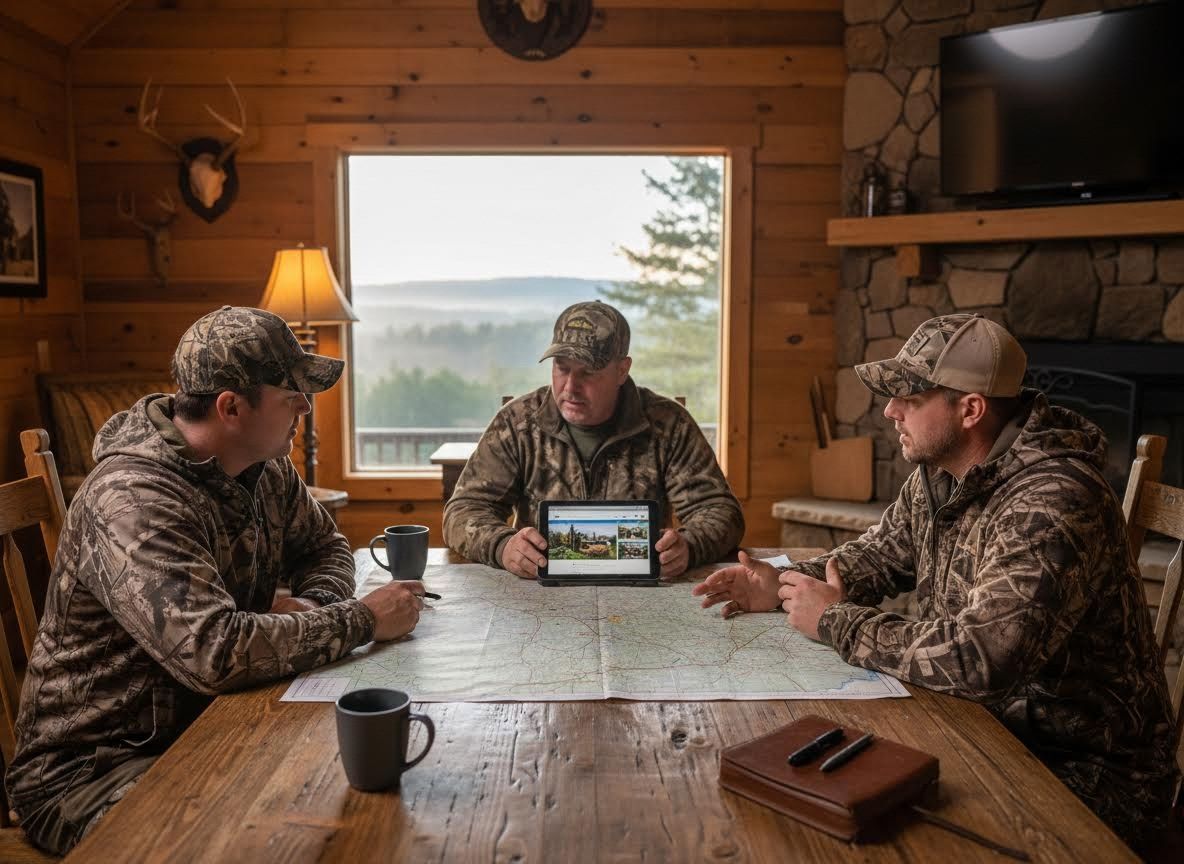 Three men in camouflage planning an outdoor trip with a map and tablet in a rustic cabin