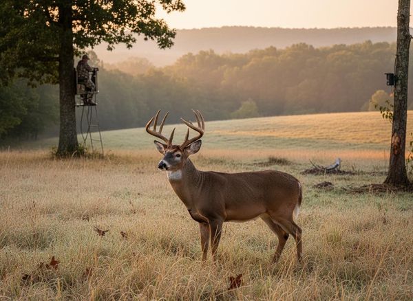 Deer in field with hunter in treestand at sunrise