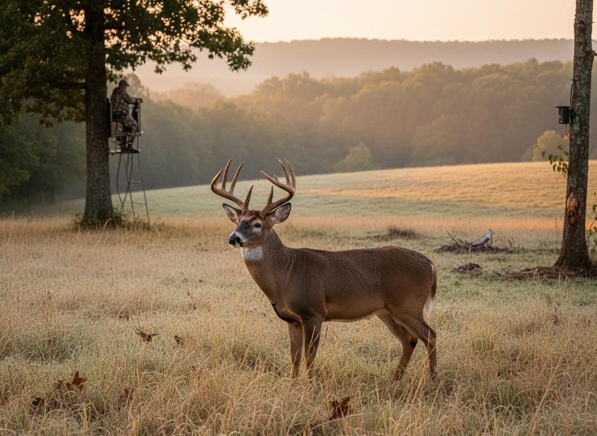 Deer in field with hunter in treestand at sunrise