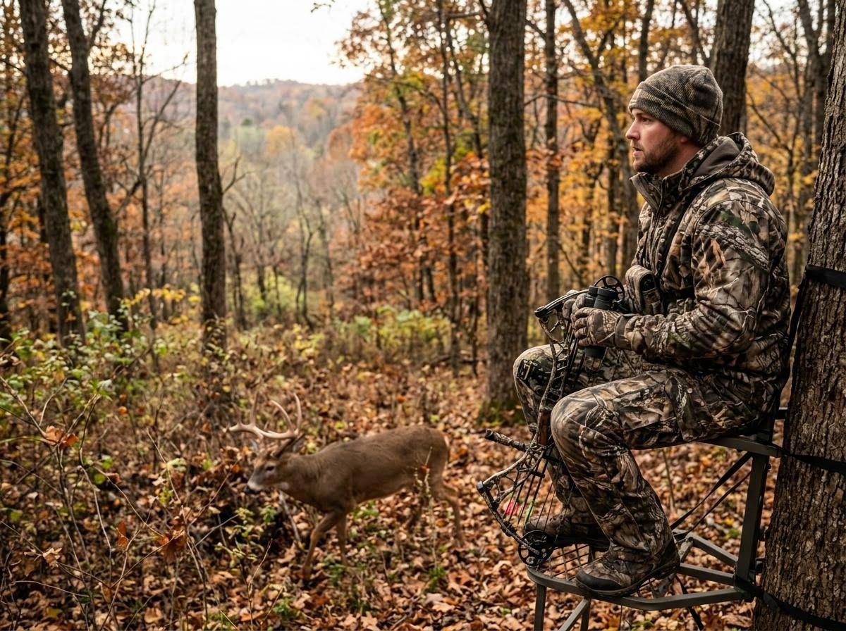 Hunter in Tree Stand Observing Deer