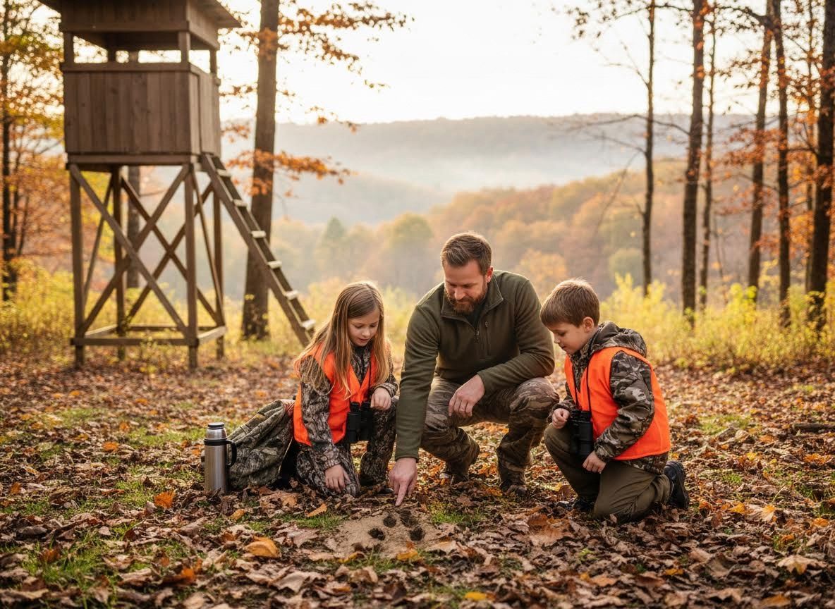 Father and Children Learning About Nature in Autumn Forest