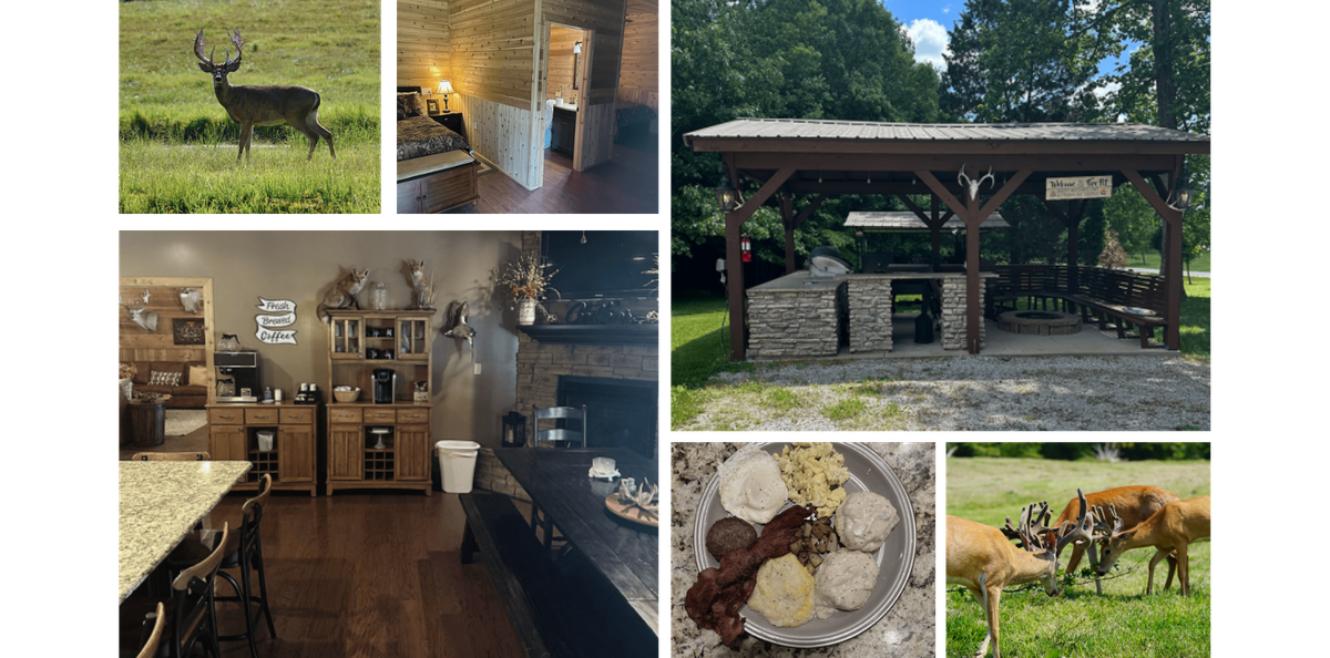 collage showcasing the Kentucky Trophy Deer experience, including trophy whitetail bucks in the field, a luxury hunting lodge bedroom, a rustic dining area with coffee bar, an outdoor kitchen pavilion, and a hearty southern breakfast plate.