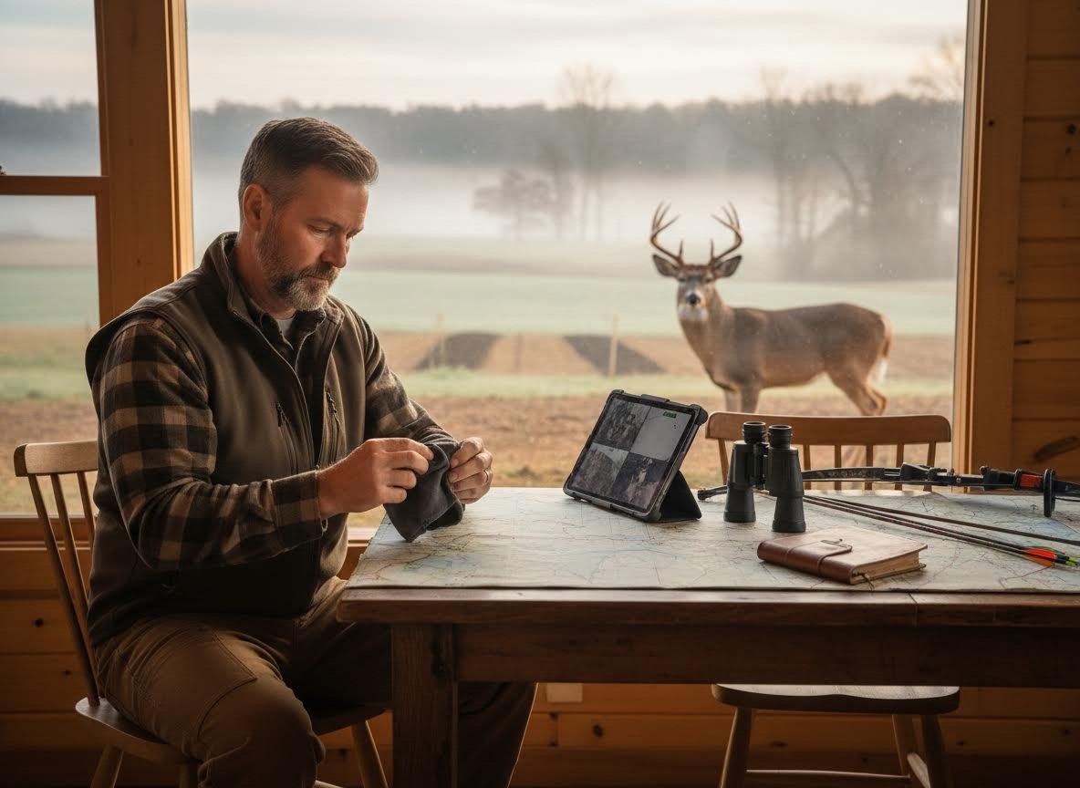 Man preparing gear in a cabin with a buck outside