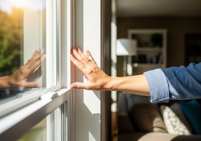 Woman's Hand Touching Window in Sunlight