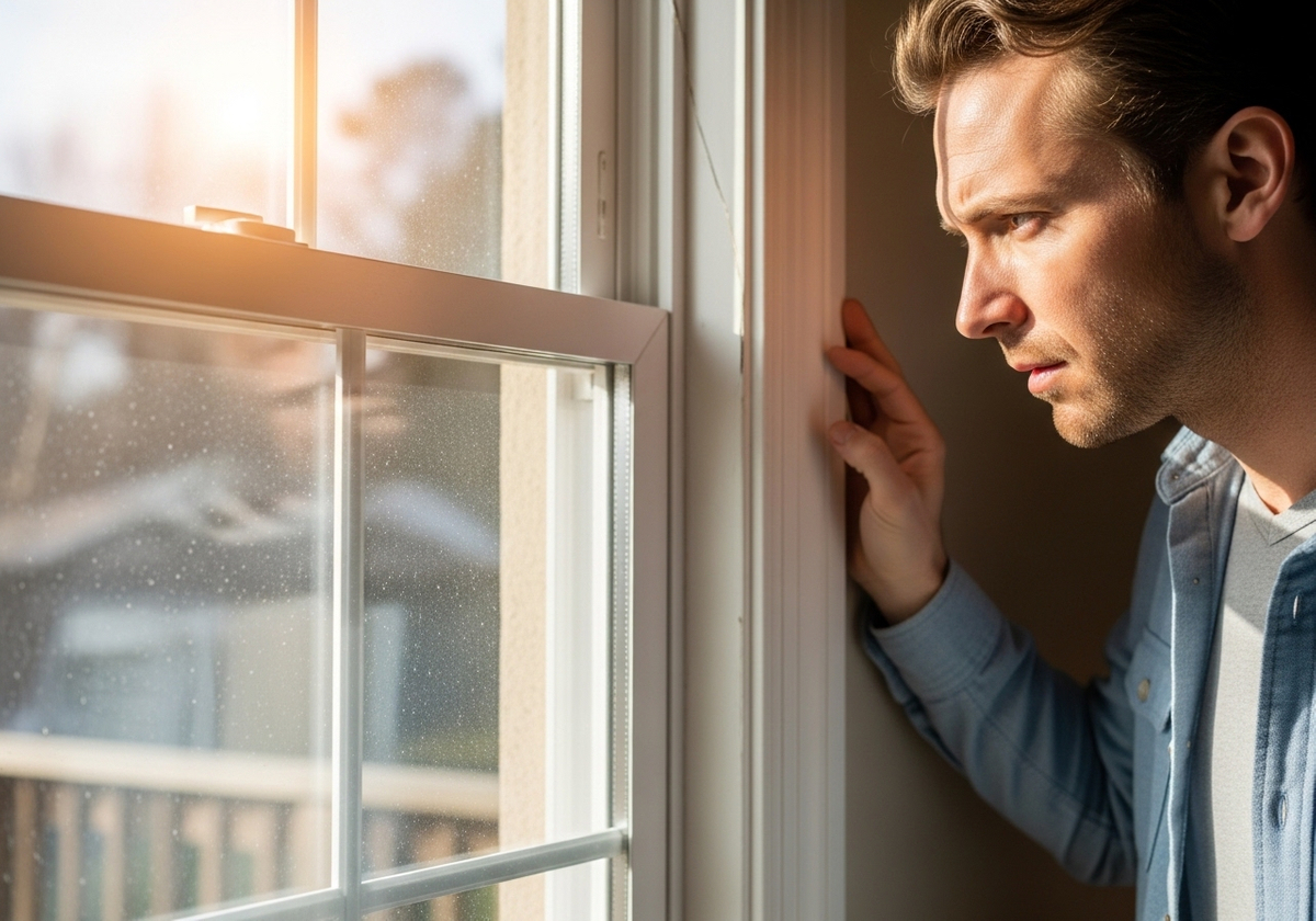 Pensive man looking out a window