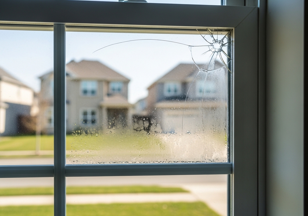 Broken window pane with shattered glass