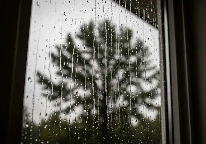 Raindrops on a window with tree backdrop