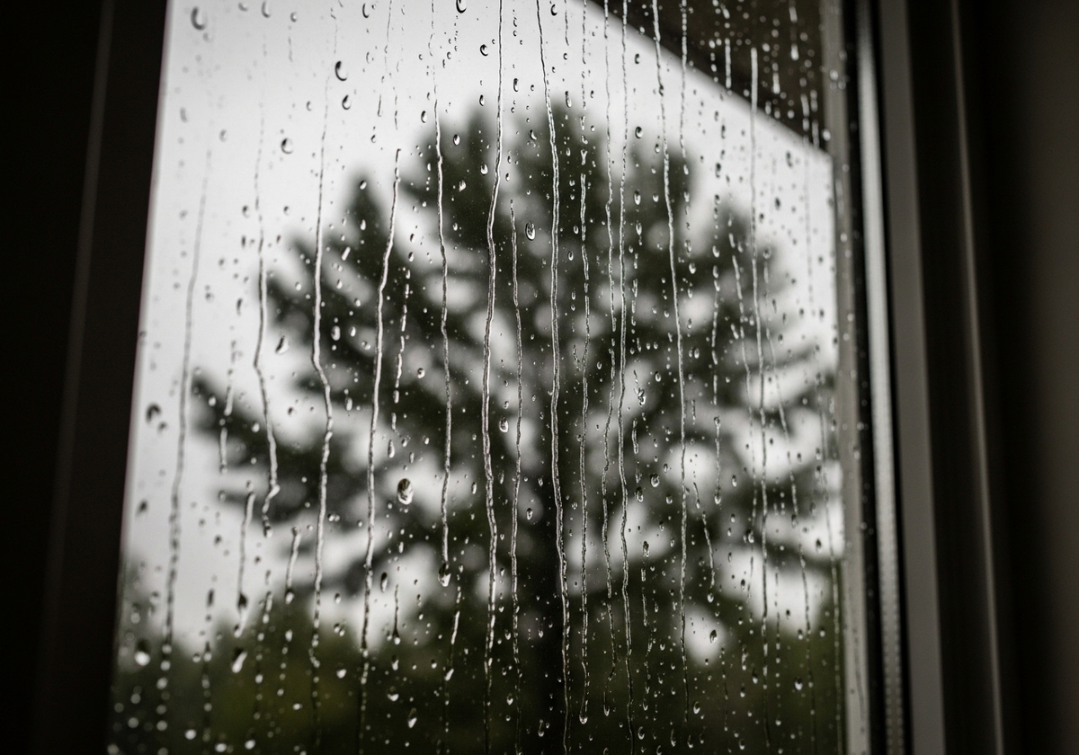 Raindrops on a window with tree backdrop