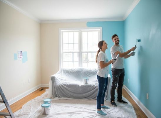 A smiling couple painting a room's wall light blue, with drop cloths on the floor and furniture, and paint cans nearby. Couple painting a room light blue