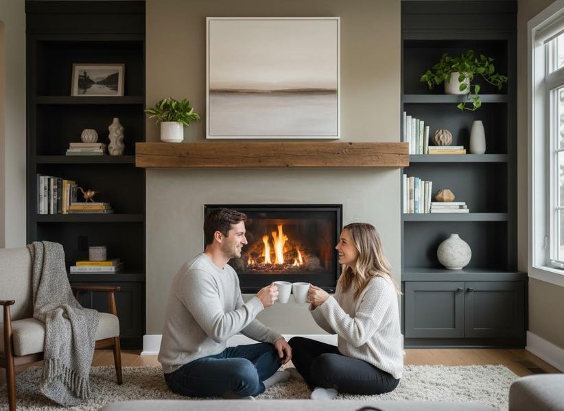 Couple enjoying coffee by a warm fireplace in a cozy living room