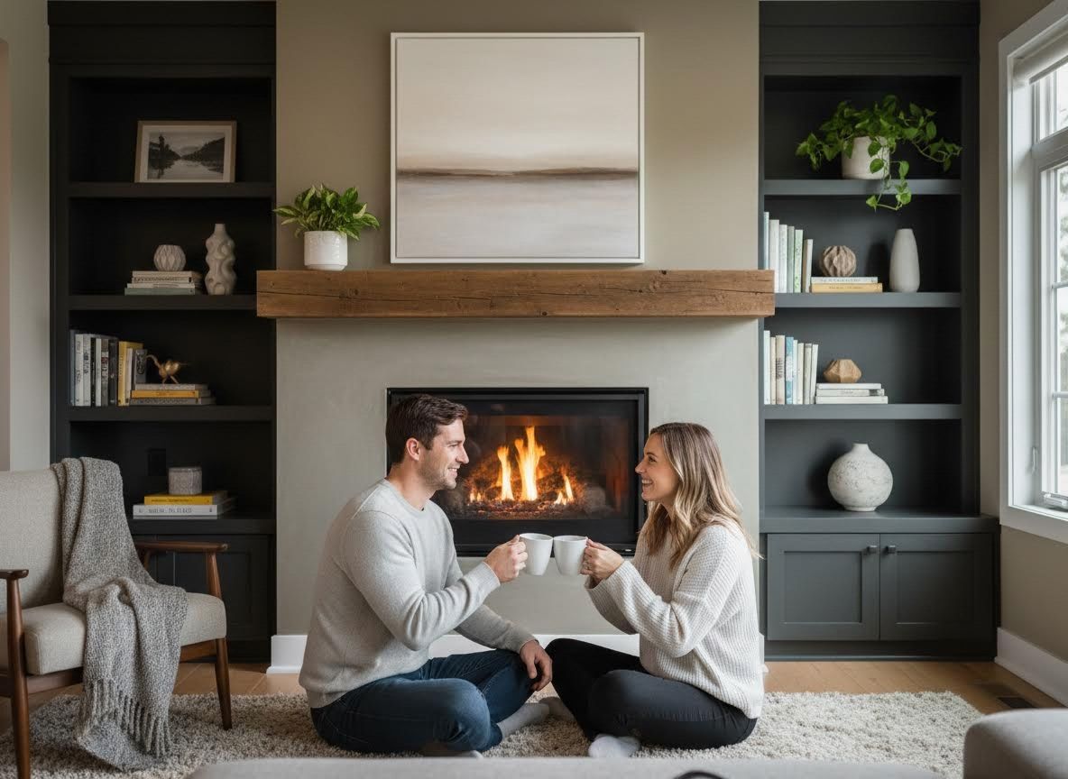 Couple enjoying coffee by a warm fireplace in a cozy living room